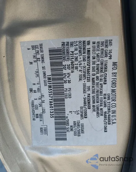 2000 Mercury Sable Ls Premium from USA, damaged, VIN 1MEFM55S7YA601335